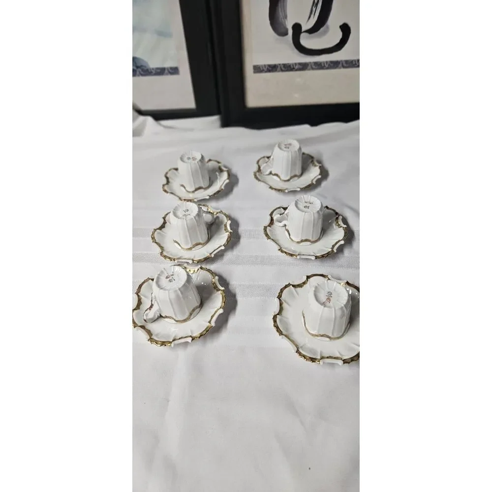TV Limoges France La Cloche 6 setsTea Cups Saucers Fine‎ China Gold Rimmed